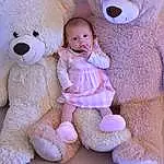 Nez, Joue, Peau, Head, Photograph, Jouets, Blanc, Purple, Dress, Textile, Rose, Baby & Toddler Clothing, Teddy Bear, Happy, Sourire, Baby, Stuffed Toy, Personne