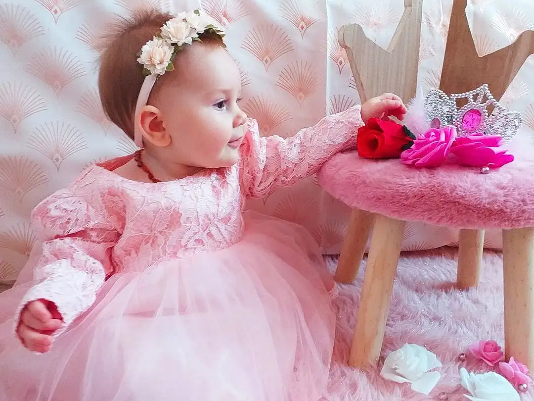 Dress, Baby & Toddler Clothing, Embellishment, Textile, Sleeve, Rose, Happy, Headgear, Flash Photography, Headpiece, Petal, Bridal Accessory, Magenta, Bambin, Enfant, Wedding Ceremony Supply, Baby, Peach, Hair Accessory, Personne