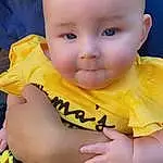 Nez, Joue, Peau, Head, Lip, Hand, Bras, Eyebrow, Yeux, Mouth, Bleu, Human Body, Neck, Sleeve, Happy, Baby & Toddler Clothing, Orange, Yellow, Baby, Gesture, Personne