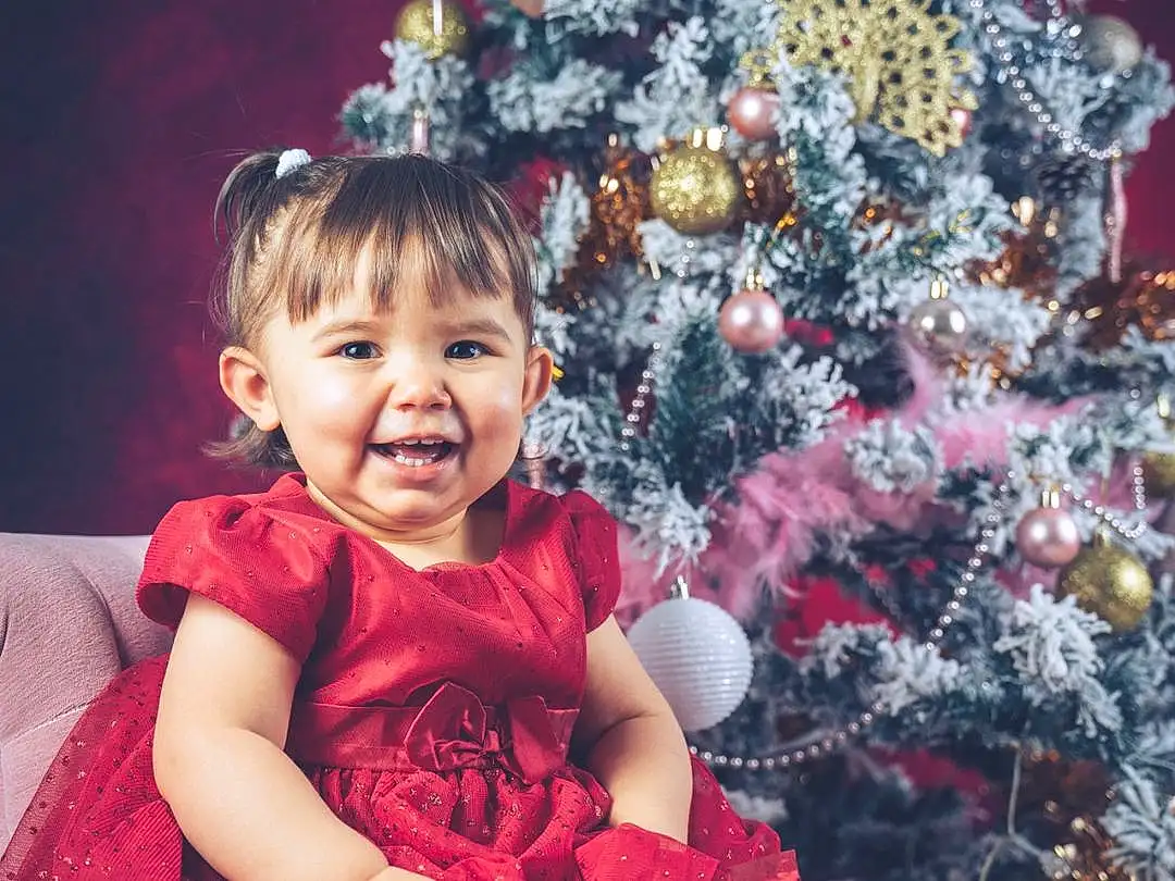Christmas Tree, Sourire, Christmas Ornament, Purple, Dress, Rose, Happy, Flash Photography, Baby & Toddler Clothing, Bambin, Christmas Decoration, Holiday Ornament, Ornament, Evergreen, Event, NoÃ«l, Magenta, Plante, Lap, Holiday, Personne, Joy