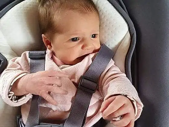 Peau, Hand, Coiffure, Seat Belt, Bras, Blanc, Human Body, Baby Carriage, Chair, Sleeve, Baby, Comfort, Baby & Toddler Clothing, Baby In Car Seat, Finger, Bambin, Car Seat, Bag, Happy, Personne