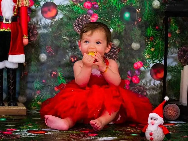 Photograph, Green, Christmas Tree, Dress, Plante, Debout, Happy, Rose, Christmas Ornament, Red, Arbre, Fun, Bambin, Baby & Toddler Clothing, People, Event, Lap, Holiday, Noël, Personne