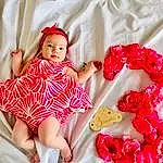 Peau, Hand, Bras, Dress, Baby & Toddler Clothing, Sleeve, Textile, One-piece Garment, Rose, Finger, Thigh, Headgear, Red, Day Dress, Petal, Magenta, Comfort, Linens, Pattern, Beauty, Personne