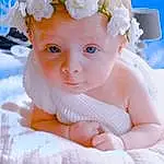Visage, Peau, Head, Blanc, Bleu, Azure, Baby & Toddler Clothing, Fleur, Textile, Dress, Petal, Iris, Rose, Headgear, Baby, Headpiece, Bambin, Embellishment, Happy, Personne